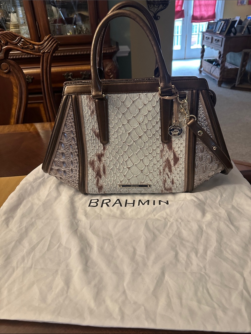 Brahmin Light green and Brown Snake-Embossed Satchel with Gold Hardware